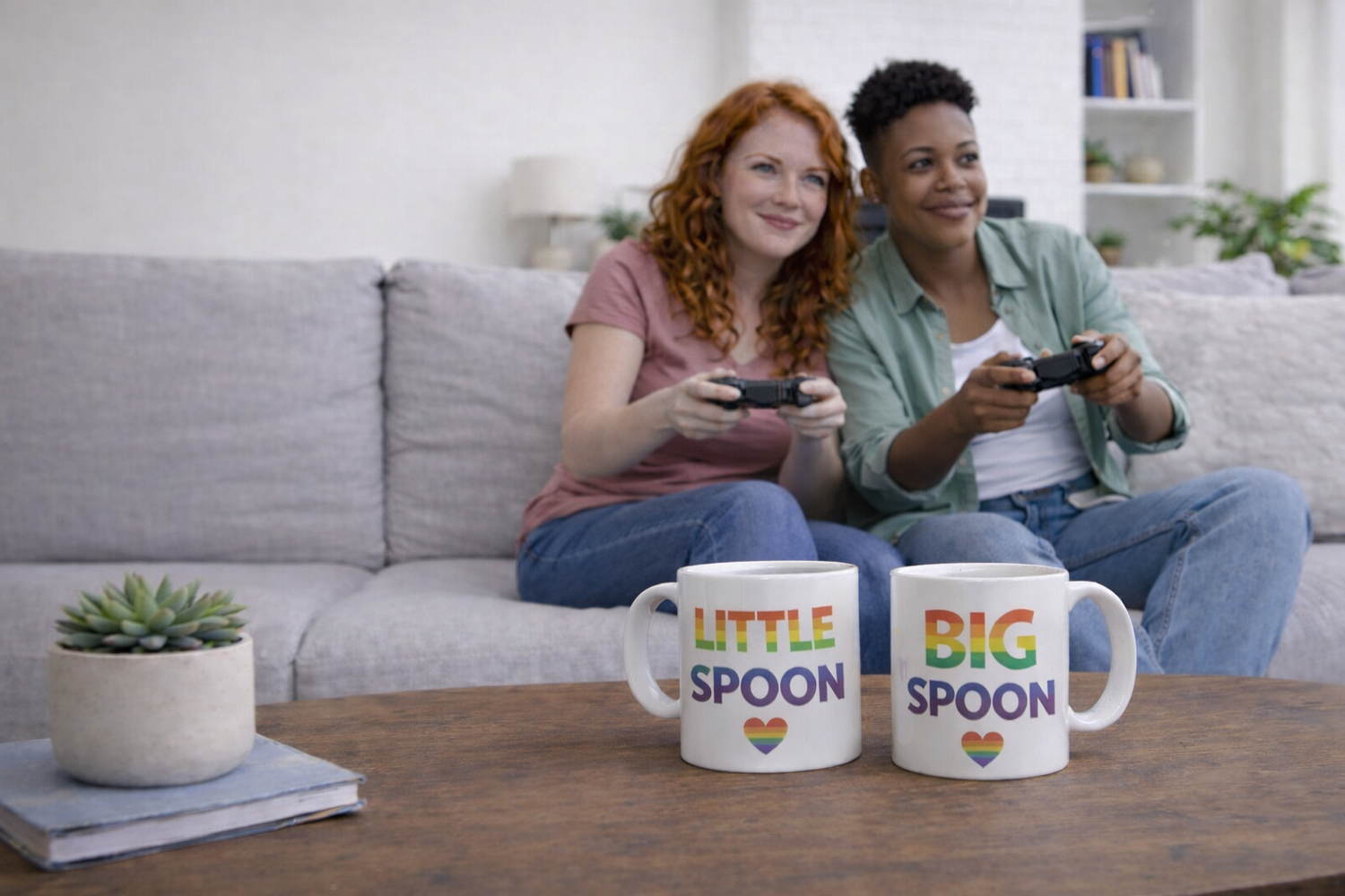 Four ceramic “Big Spoon” and “Little Spoon” mugs sit on a bright kitchen counter in two pairs—blue and pink on the left, rainbow Pride versions on the right—each with a matching heart design and visible handles, styled in a clean, modern setting.